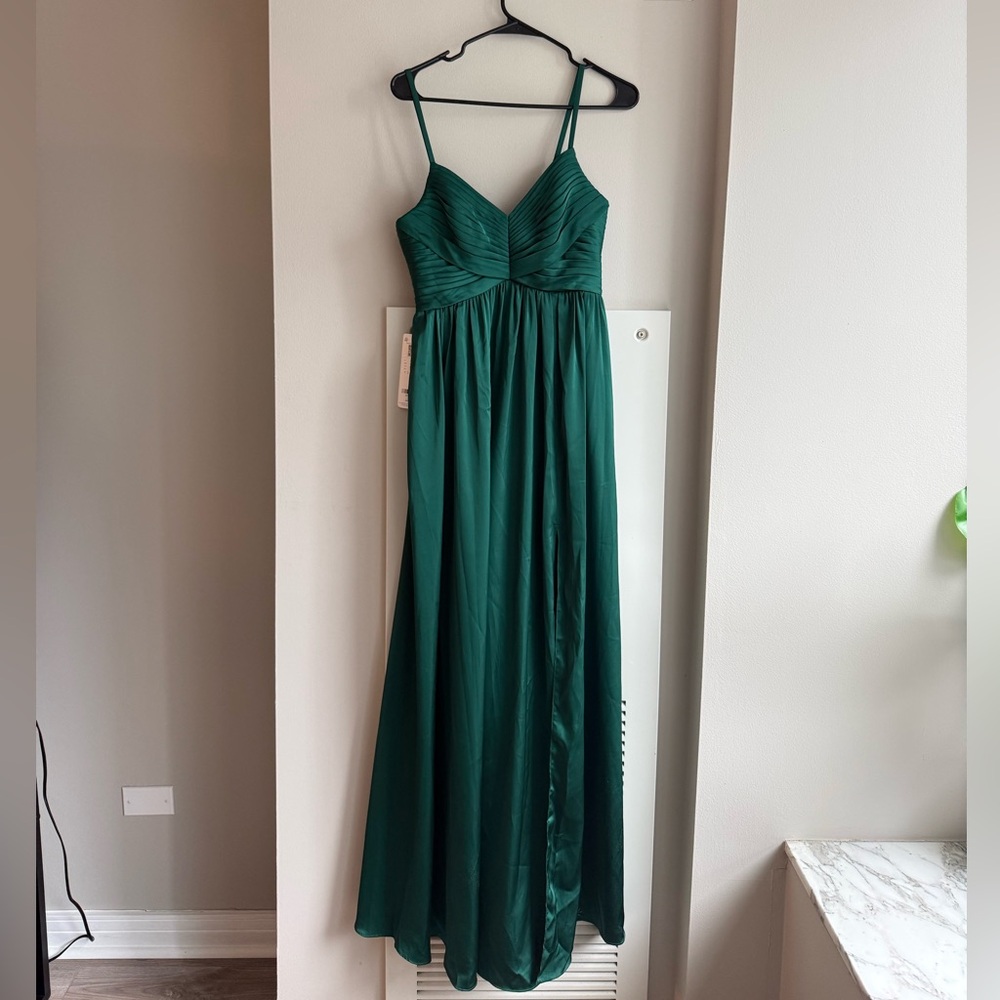 Azazie Alia Emerald A Line Pleated Stretch Satin Dress